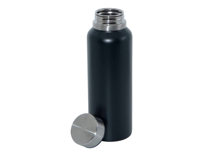 A drink bottle in matte black stainless steel with a silver metal lid, featuring a sleek design and a logo.