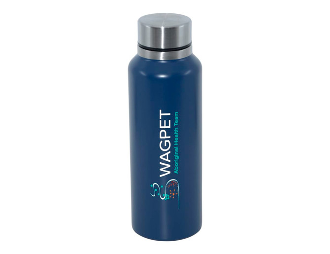 A drink bottle in navy blue stainless steel with a silver lid and a logo on the front.