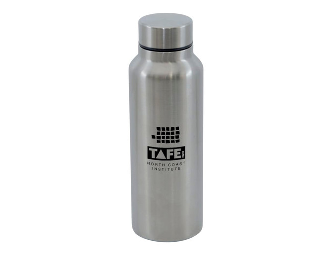 A drink bottle made of stainless steel, featuring a sleek silver finish and a logo.