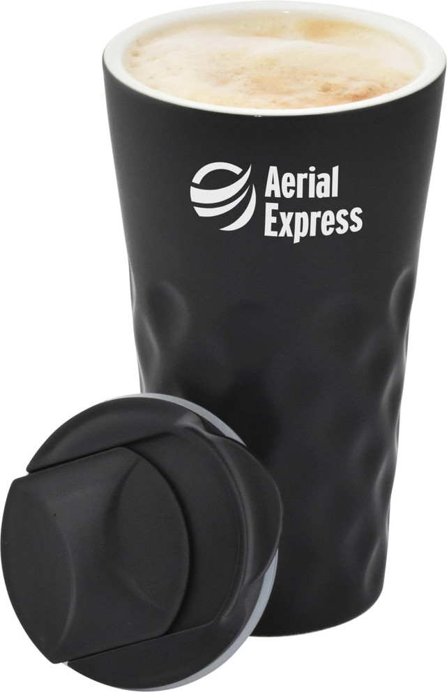 A ceramic mug in black with a textured surface and a lid, featuring a logo on the front.