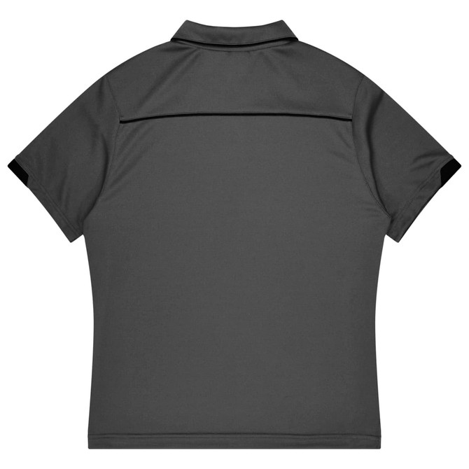 A grey sports polo shirt with black accents, featuring a collar and a logo on the back.