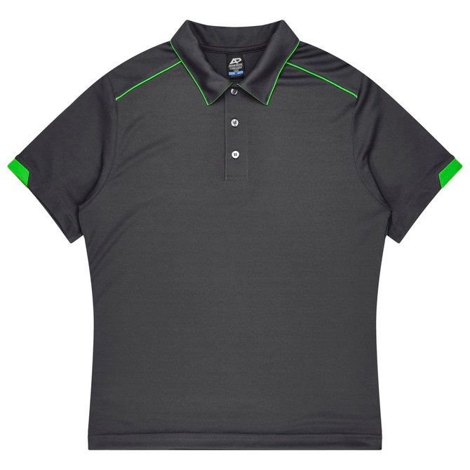 A dark grey polo shirt featuring green accents and a logo on the collar.