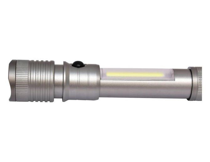 A gunmetal torch showing a sleek design with a side light feature and a small branding logo.