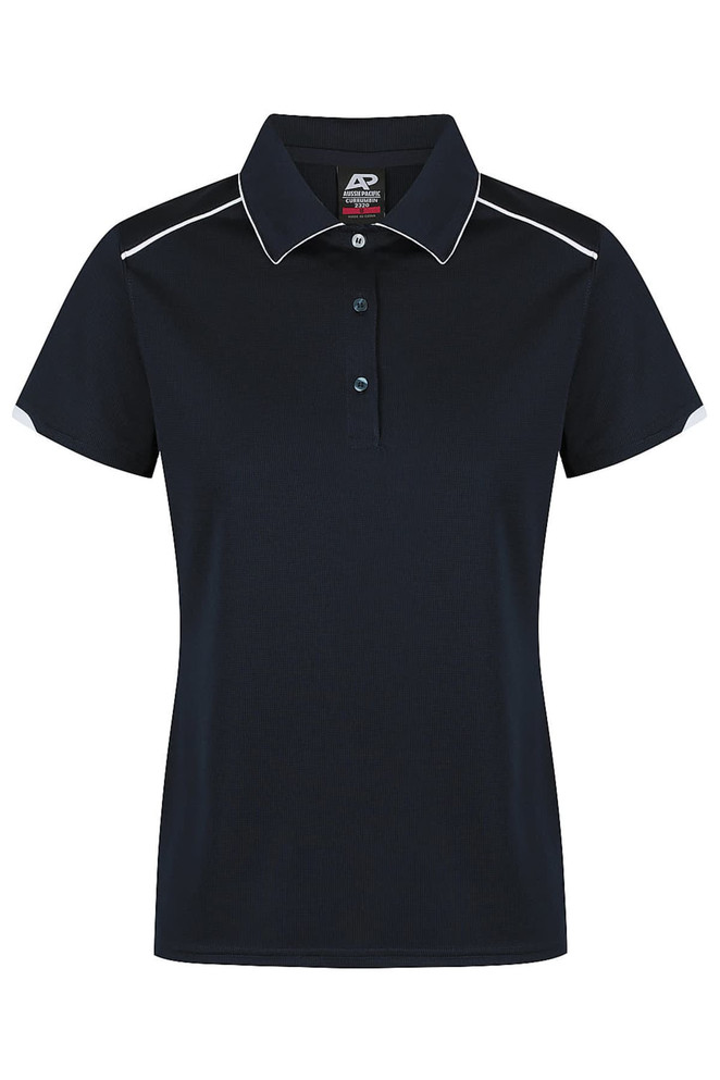 A navy blue polo shirt featuring a collar, buttons, and contrasting white accents. It has a brand logo.
