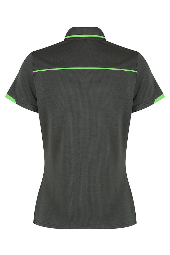 A dark green polo shirt featuring vibrant green accents and a logo. The back view displays a sleek design.