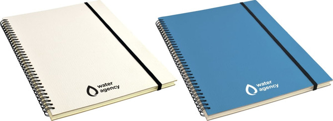 Two A4 notebooks with spiral binding, one white with a logo and one blue with a logo, featuring elastic closures.