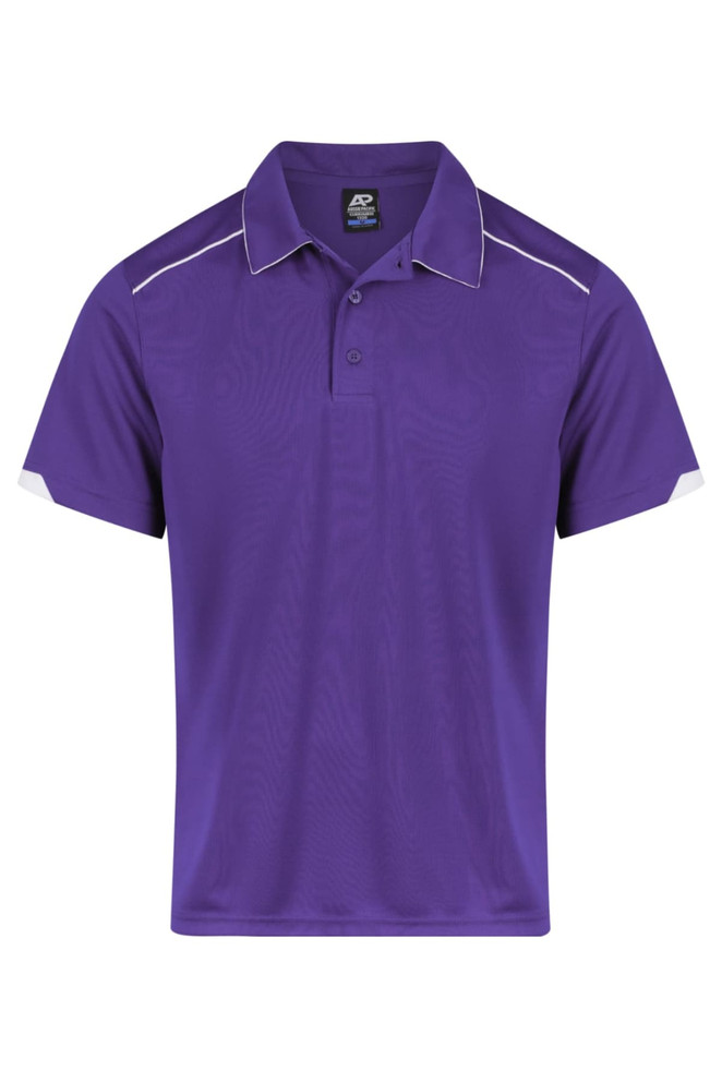A purple polo shirt with white accents and a collar, featuring a logo on the chest.