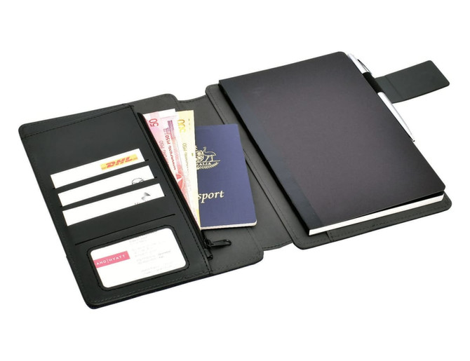 A black hands-free A5 portfolio featuring card slots, a zippered pocket, and a notebook or passport holder.