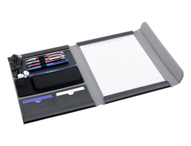 A black A4 portfolio with compartments for pens, a notepad, and storage for accessories and cards.