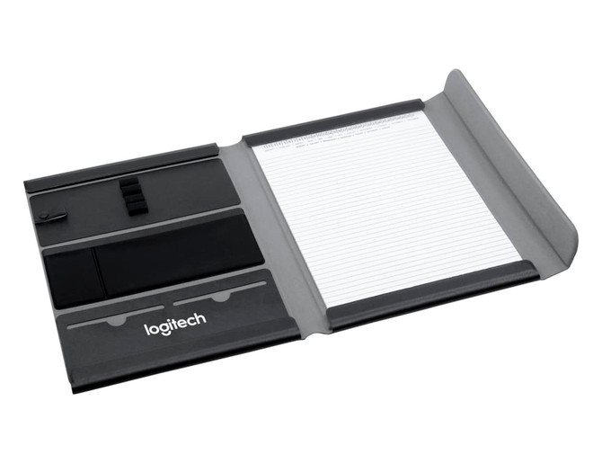 A black A4 portfolio featuring compartments for notes and cards, with a lined notepad included.
