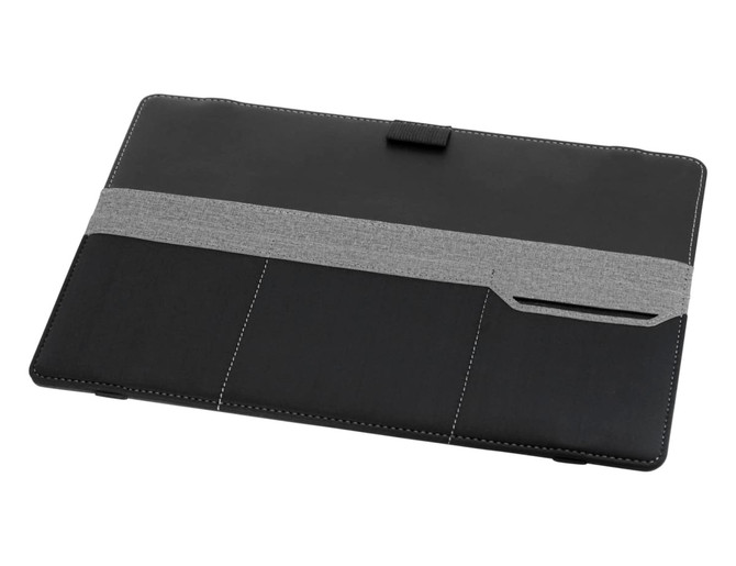 A black laptop bag with a grey strap, featuring a smooth finish and a pocket. It has a logo on the surface.
