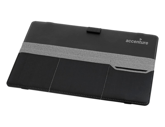 A black laptop bag featuring a grey strap and an external pocket, with a logo on the front.