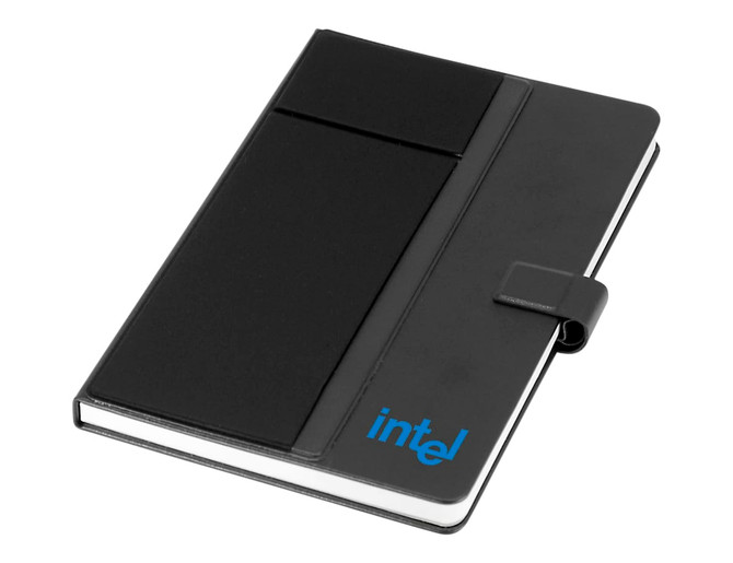 A black notebook with a textured cover, featuring a pocket and a logo on the front.