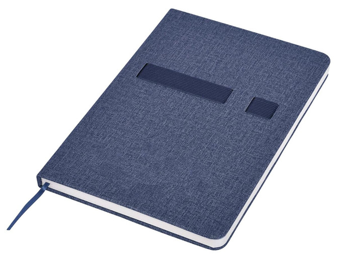 A navy blue A5 notebook with a textured cover and an elastic band closure, featuring a ribbon bookmark.