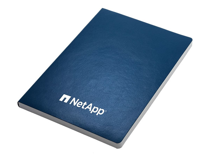 A blue A5 notebook with a smooth cover, featuring a logo on the front. It has a sleek, professional design.