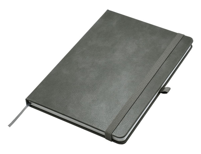 A green Apex A5 notebook with a textured cover, an elastic closure, and a ribbon marker.