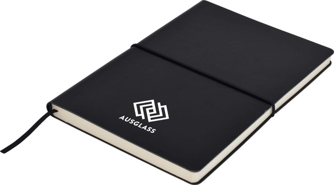 A black A5 notepad with a ribbon bookmark and an elastic closure, featuring a logo on the cover.