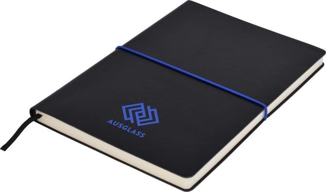 A black A5 notepad with a blue elastic band and a logo on the cover. The pages are cream-coloured.
