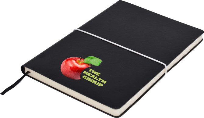 A black A5 notepad with an elastic closure and a logo featuring an apple and text.