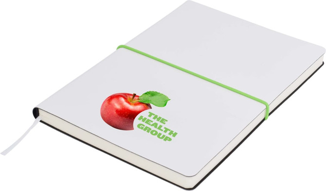 A white A5 notepad with a green elastic band, featuring a red apple graphic and a logo.