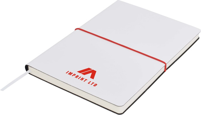 A white A5 notepad with a red elastic band, featuring a logo on the cover.