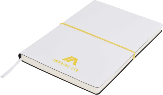 A white A5 notepad with a yellow elastic band and a logo on the cover, featuring black inner pages.