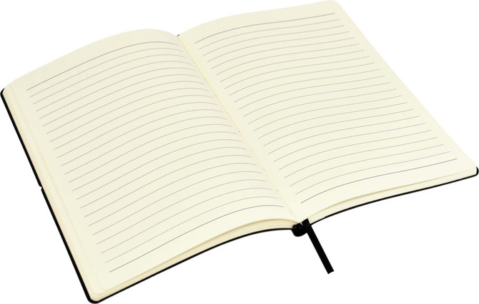 A notepad with lined pages and a black cover, featuring a ribbon bookmark.