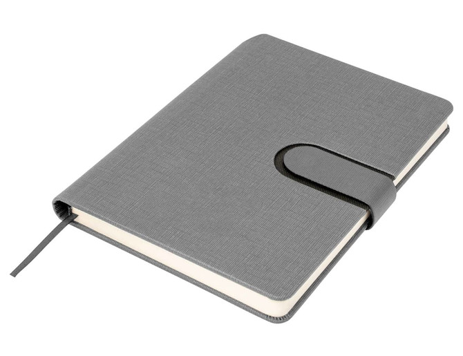 A grey A5 notebook with a textured cover and an elastic band closure. It includes a ribbon marker.