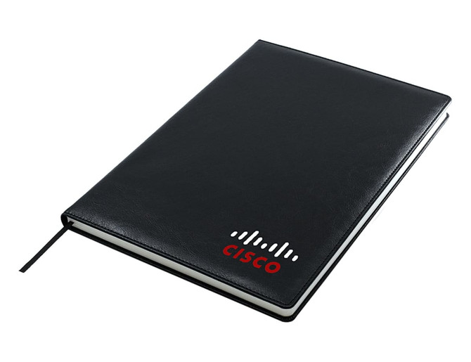 A black A4 notebook with a textured cover and a logo. It features a ribbon marker and is blank inside.