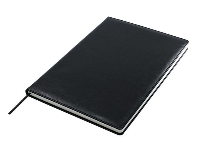 A black A4 notebook with a smooth cover and a ribbon bookmark. It features a logo on the front.
