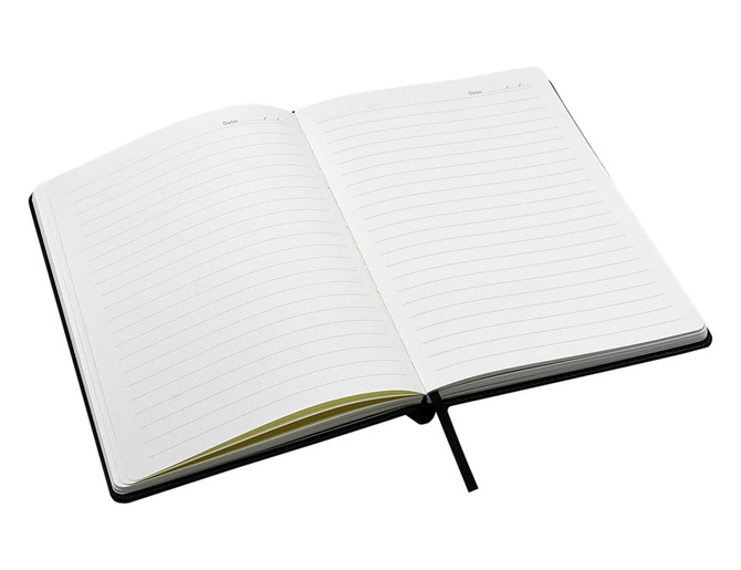 An open black A5 notebook featuring lined pages and a ribbon marker.