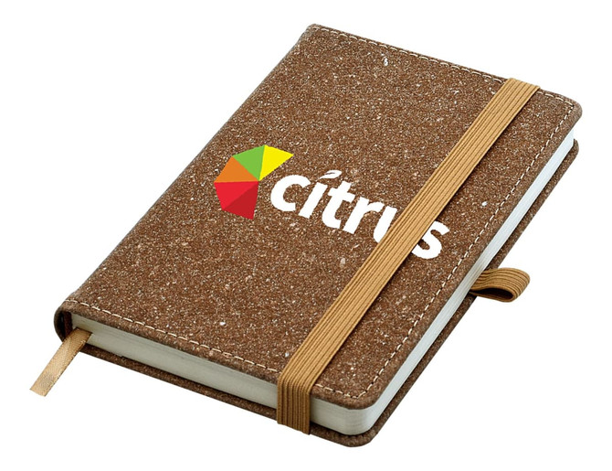 A bonded leather notebook with a textured brown cover and an elastic band, featuring a logo on the front.