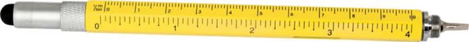 A yellow stylus pen featuring a measuring scale along its length and a metallic tip. It has a logo.