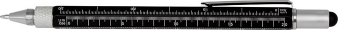 A black and silver stylus pen with a textured grip and measurement markings along its body. It features a clip for attachment.