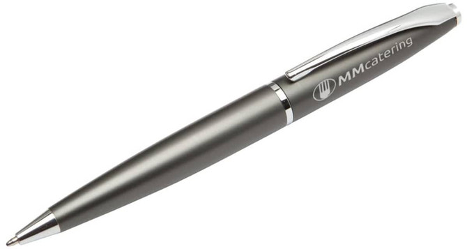 A metal pen in a sleek grey finish with a clip and a logo on the body.