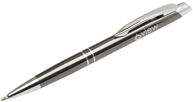 A metal pen in a sleek silver design with a chrome clip and grip, featuring a branding logo.