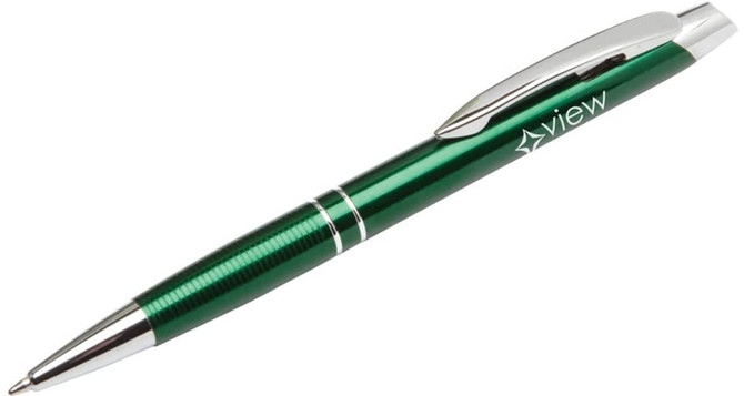 A metal pen with a shiny green barrel and chrome accents, featuring a branding logo.
