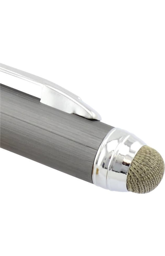 A grey stylus pen with a silver clip and textured tip for touchscreen use. It features a logo on the barrel.
