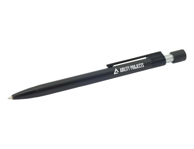A metal pen in sleek black, featuring a clip and a branding logo, angled to display its tip.
