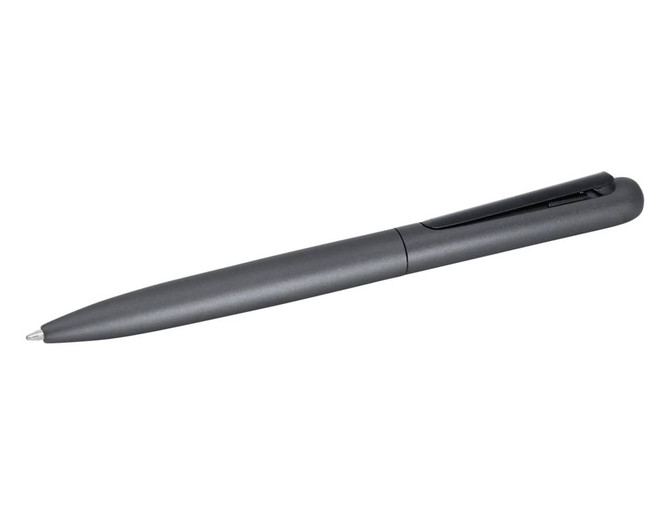 A metal pen in a sleek, dark grey colour with a clip and a smooth finish. It features a logo on the barrel.