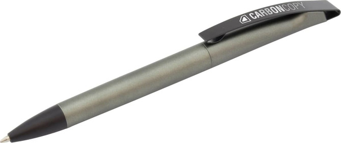 A grey plastic pen with a black grip and clip, featuring a logo on the side.