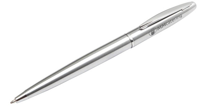 A silver metal pen with a sleek design and a logo on the side.
