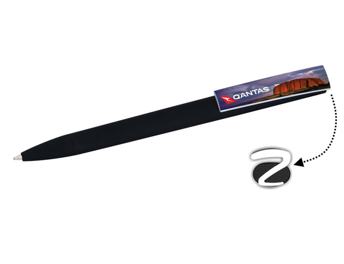A black plastic pen featuring a logo and a decorative image on the top.
