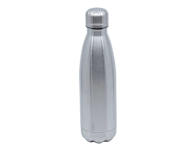 A drink bottle with a sleek silver stainless-steel design and a screw-on lid, featuring a logo.