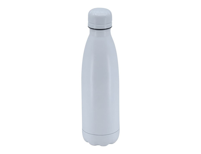 A drink bottle in white, featuring a sleek, modern design and a removable cap. It includes a logo.