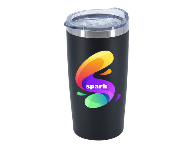 A travel mug with a double wall design, featuring a black exterior, clear lid, and a colourful logo.