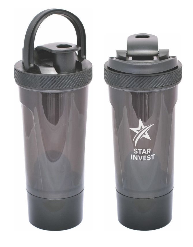 A drink bottle in black with a screw-top lid and a logo, featuring a sleek design suitable for protein shakes.