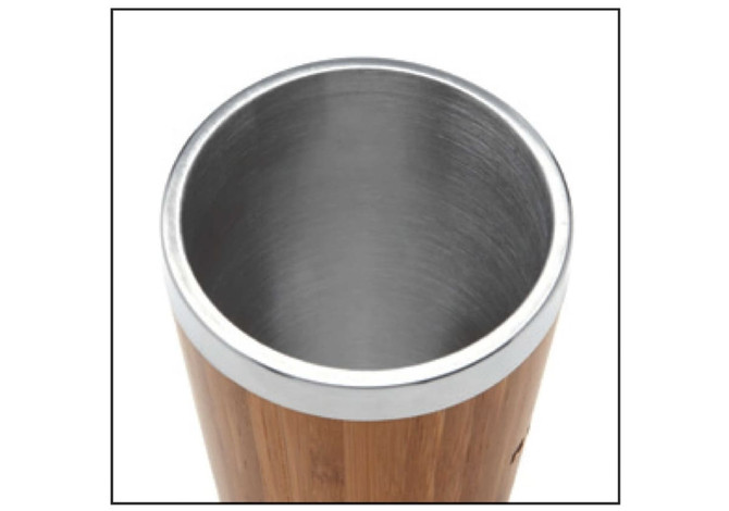 A bamboo travel mug with a stainless steel interior and a sleek design. It features a branding logo.