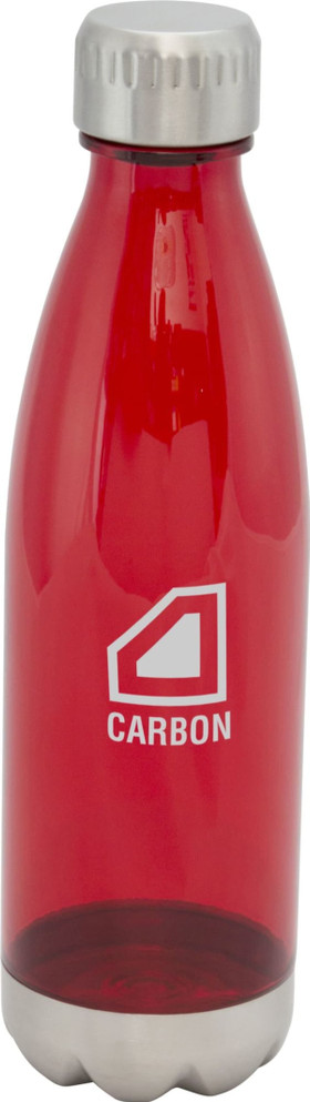 A drink bottle in red with a stainless steel base and a logo on the front.