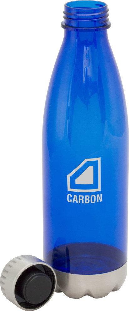 A drink bottle in blue featuring a metallic base and a screw-on lid, with a logo on the side.